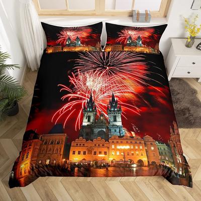 Feuerwerk Bettbezug Fantasy Schloss Bettwäsche Set Prager Stadtbild Bettdeckenbezug Mikrofaser Magische Psychedelische Blumen Bettset