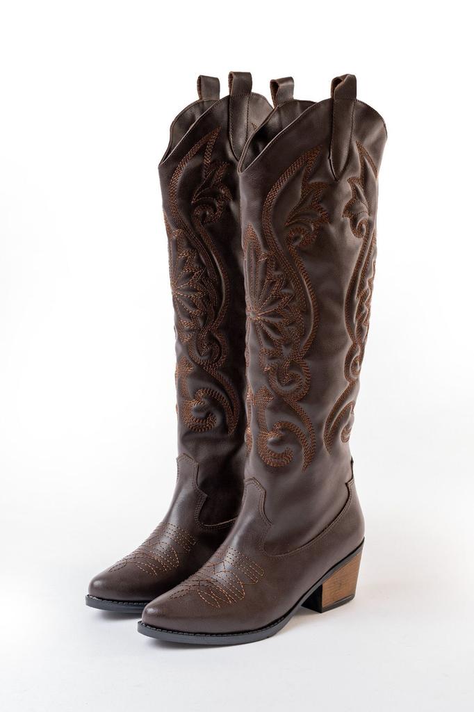 Women Modern Stylish Fashion Boots Faux Leather Suede Black Leather Embroidered Medieval Cowboy Long Boots