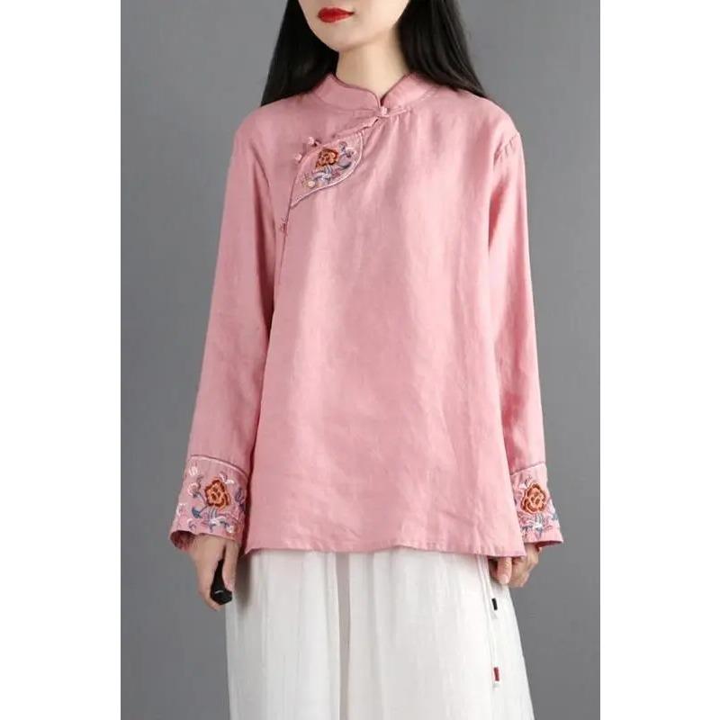 Женская бирюзовая льняная хлопковая блузка в китайском стиле с вышивкой, воротник-стойка, свободный крой, повседневная блузка с длинным рукавом L розовый