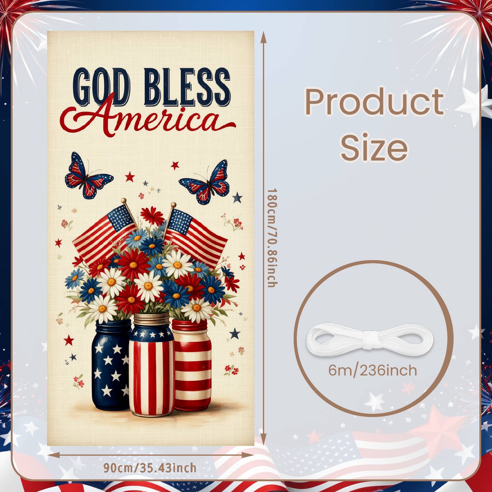 

National Holiday Banner Blue Jar Decor Patriotic Pride Banner American Holiday Display Vintage Aesthetic For Holiday Photo