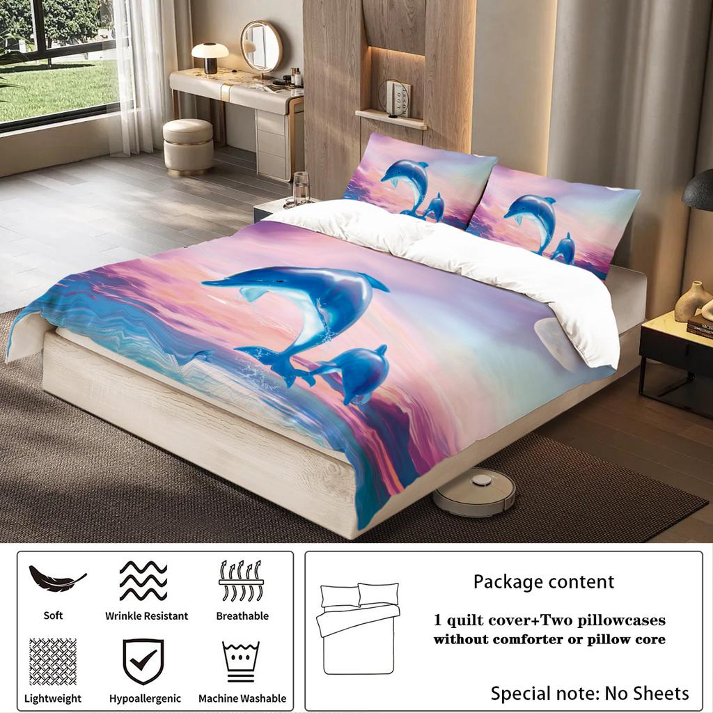 3-piece set, cartoon dolphin pattern printed bedding set, queen, king, double bed, for bedroom, guestroom, hotel