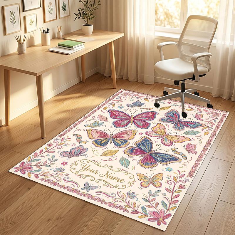 Butterflies Flowers Theme Soft Crystal Velvet Rug Custom Name & Text Print Non Slip Floor Rug for Bedroom Living Room