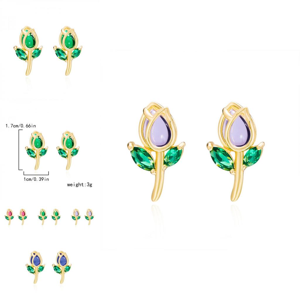 Floral Tulip Stud Earrings For Women Copper Glass Spring Fashion Jewelry