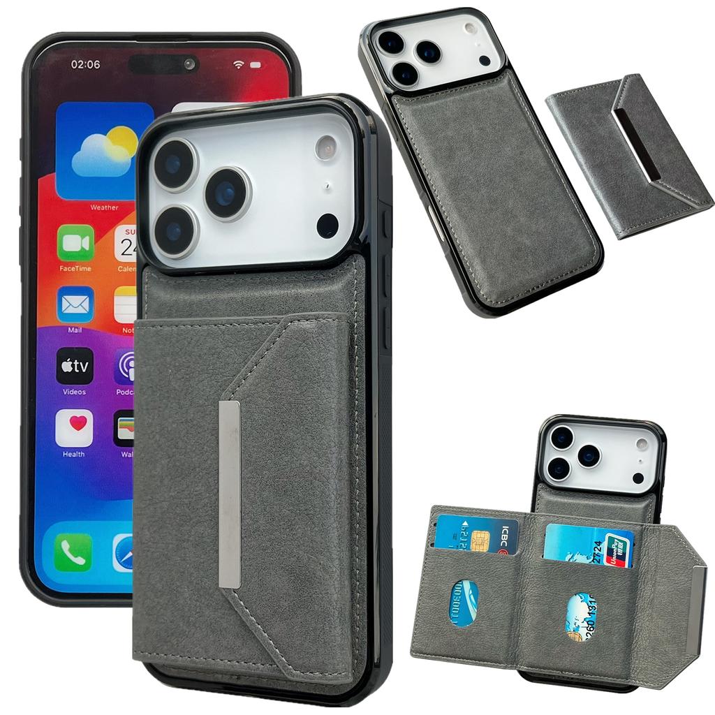 For iPhone 17 Pro Max Case Card Bag Kickstand TPU+PU Phone Cover