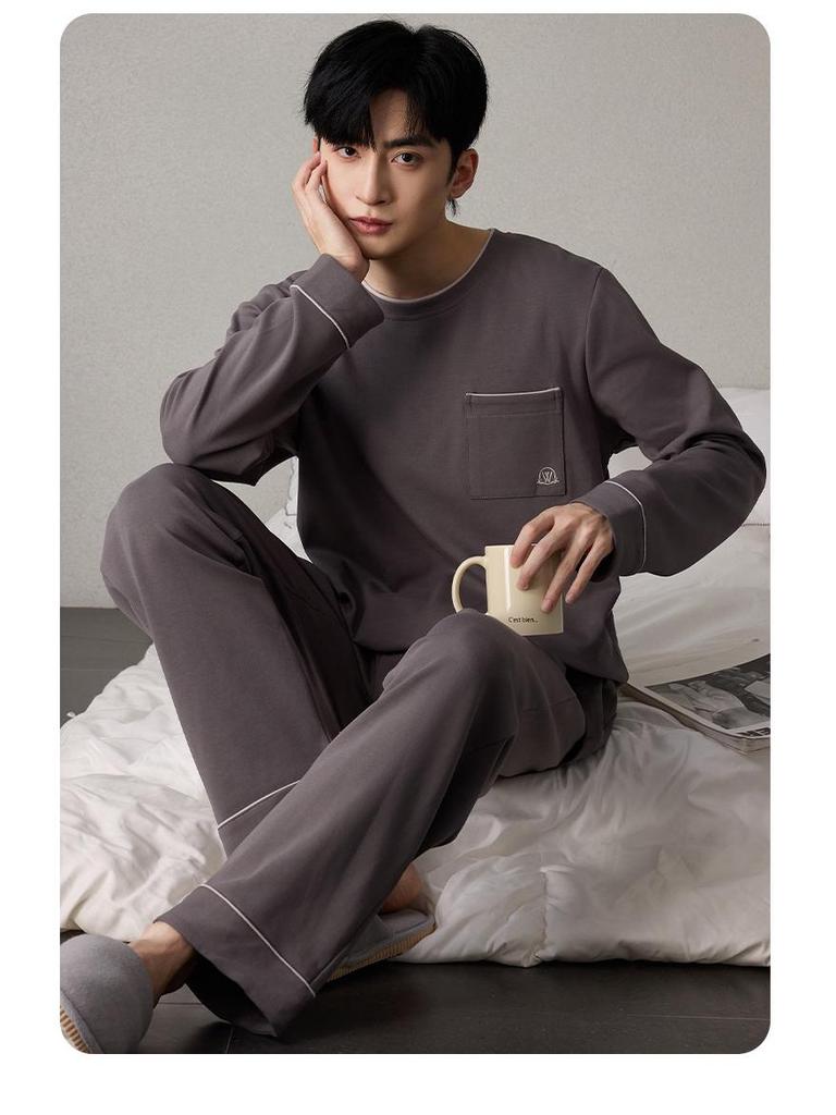 Men's Korean Style Cotton Pajamas Set - Autumn, Long Sleeve, Casual, Loose Fit