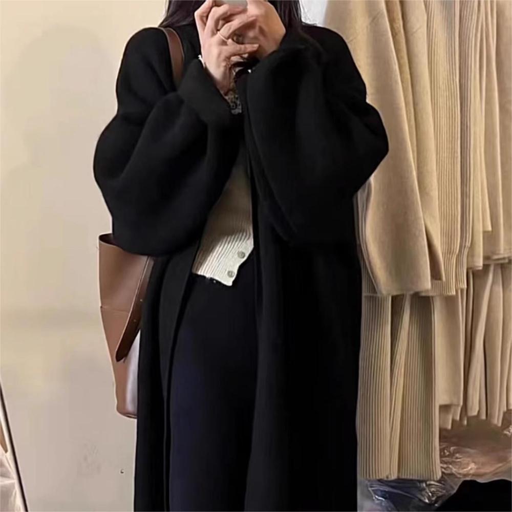 Dame Høst og Vinter Lat Stil Myk og Klebrig Designfølelse Ensfarget Retro Lang Genserjakke Strikket Cardigan Kåpe for Kvinner