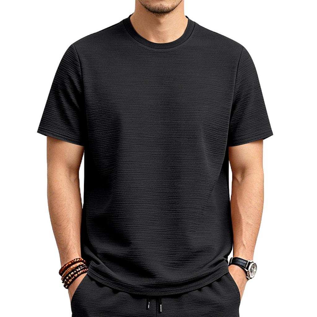 Men American Style Loose Elastic Textured Solid Basic Round Neck Short Sleeve Casual T Shirt