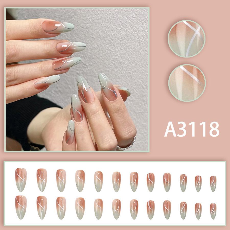 Almond-Shaped Gradient Pink-Green 3D Geometric Nail Stickers (24-Piece Set)