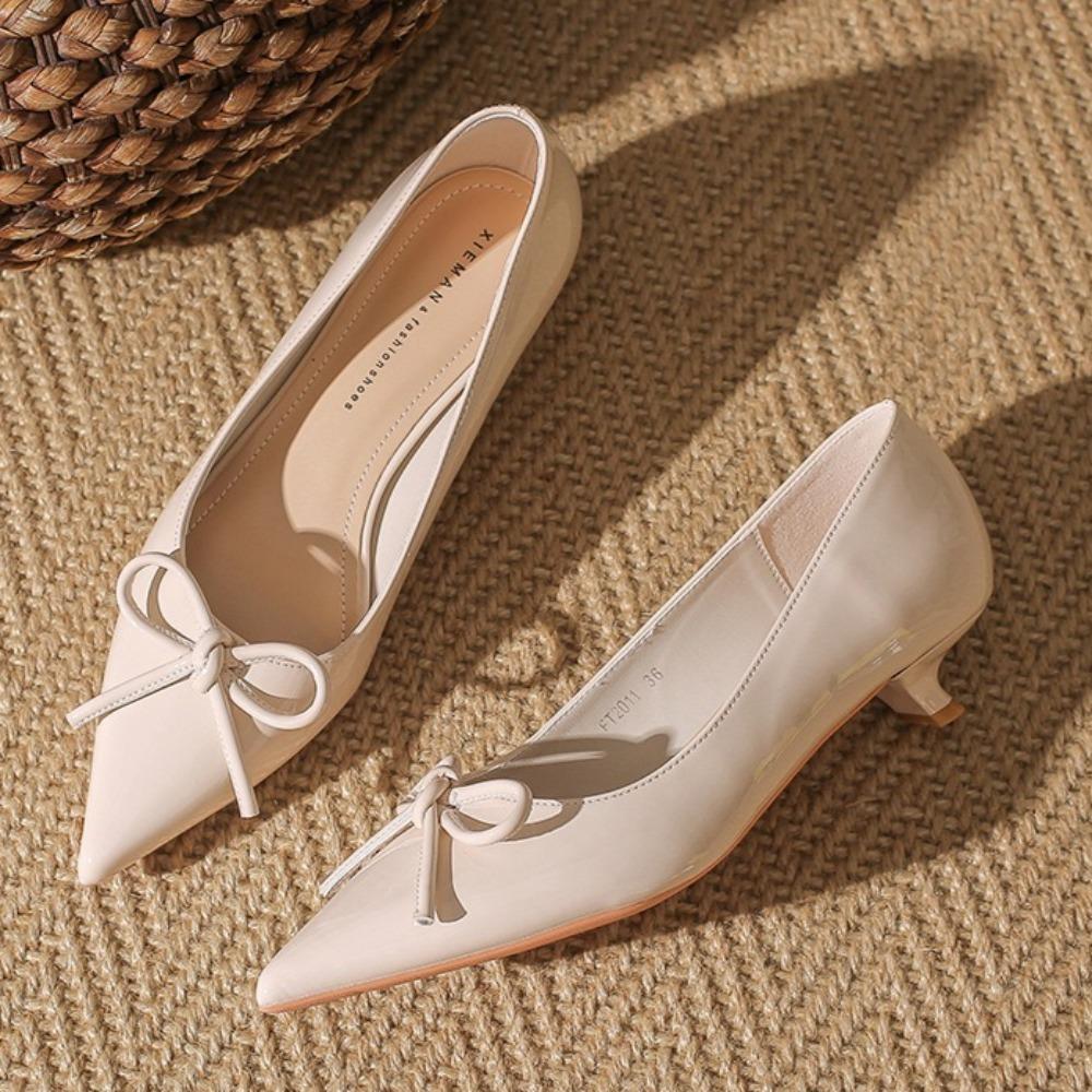 Absatzschuhe für Damen Neue flache Öffnung Kleiner Absatz Einzelne Schuhe Damen Spitz zulaufende Spitze Lackleder Schleife Damenschuhe