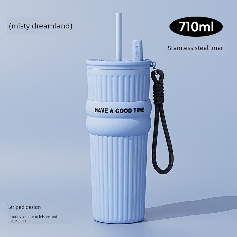 Large-Capacity Thermos Cup for Girls, New Office Water Cup, Giant Student Cup with Handle and Straw, High Aesthetic Value