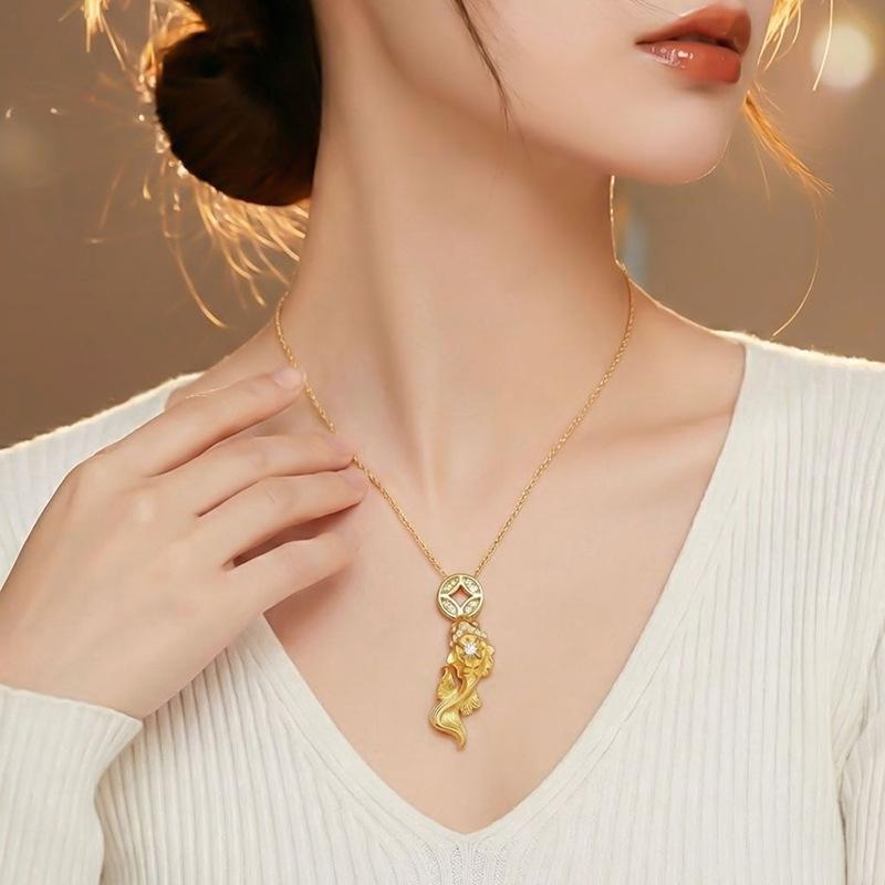 S925 Sterling Silver Handmade Brushed New Chinese Necklace Girls Koi Pendant Jewelry Women