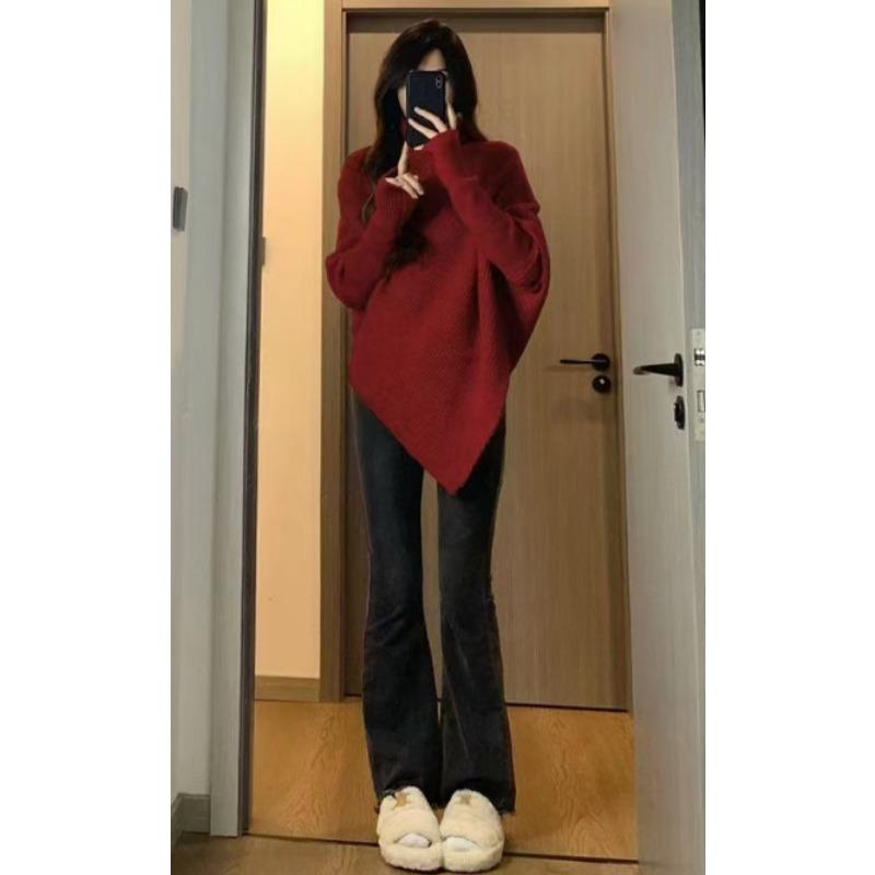 

Осень и зима новый свитер с нерегулярным воротником-стойкой женский нежный ленивый стиль повседневный пуловер вязаный топ one size fits all красный