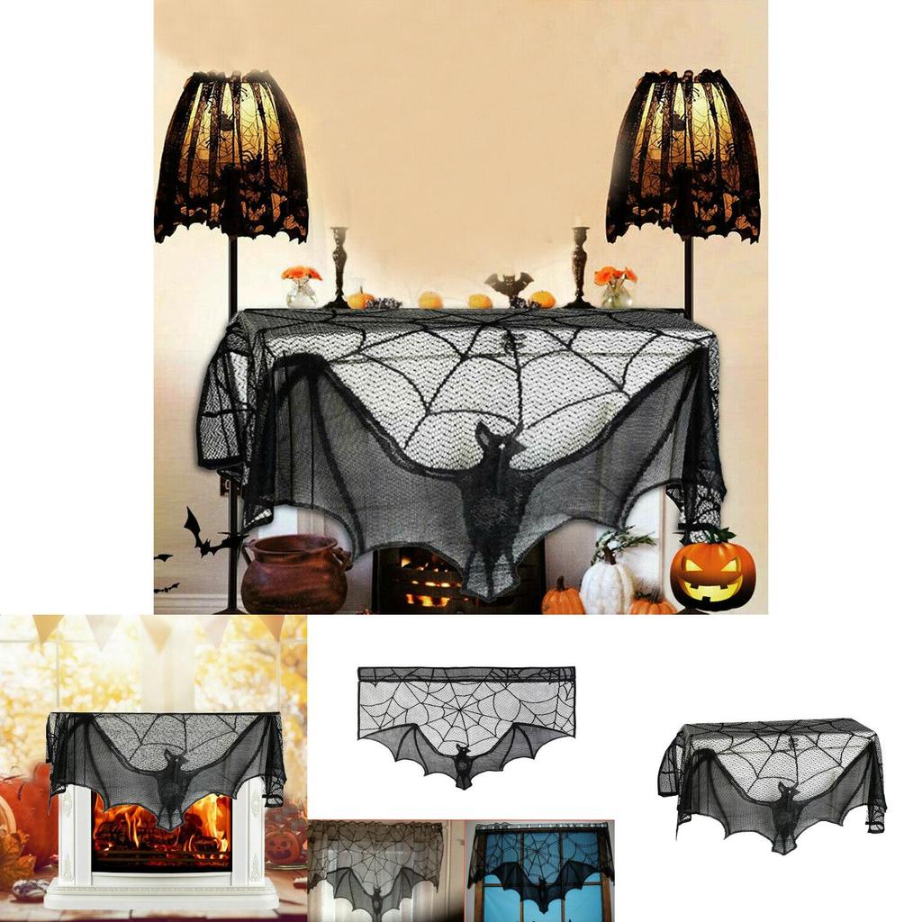 Intricate Black Lace Spider Web Bat Decor For Halloween Fireplace Mantle