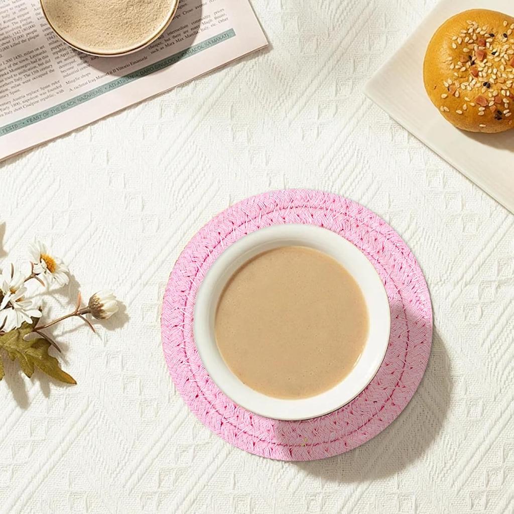 4PCS Round Cotton Coasters, Handmade Woven Drink Coasters, Minimalist Absorbent Coaster for Tabletop Protection and Home Decor, Bohemian Coaster for