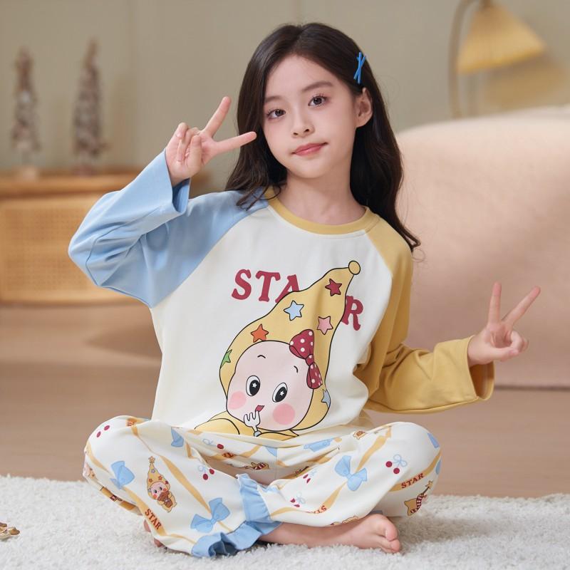 Girls Cotton Pajama Set Long Sleeve Round Neck Cartoon Print Sleepwear Kids Teens Home Wear