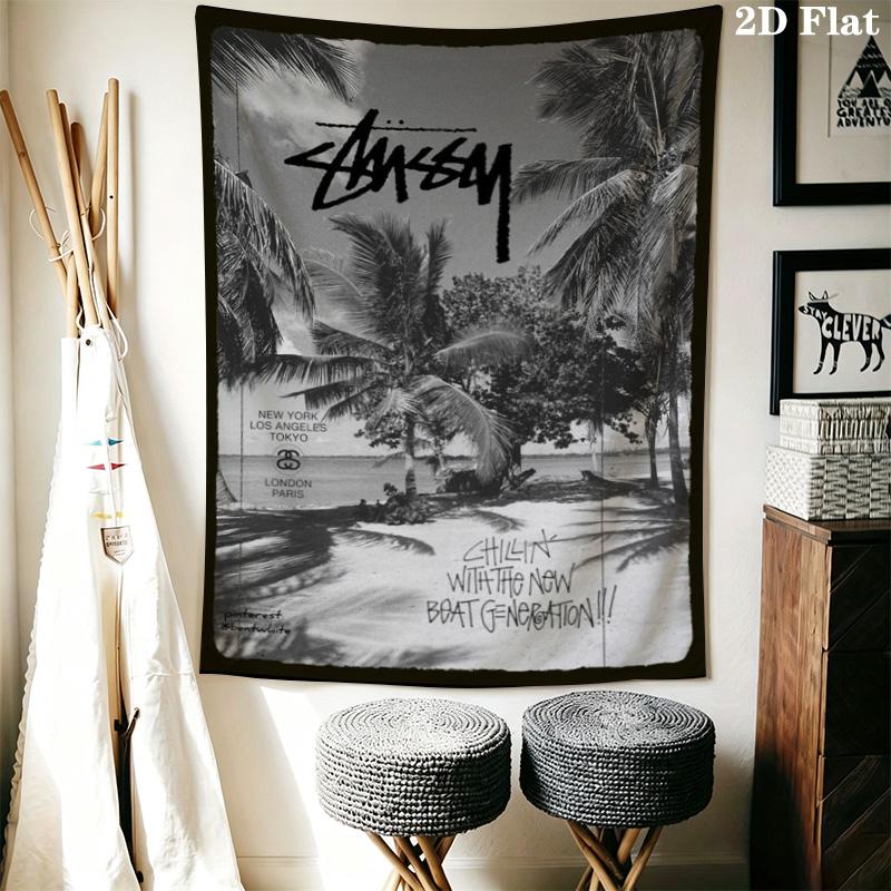 Blue Sky Palm Tree Tapestry, Low Angle Tropical Palm Scenery Street Signature Logo Wall Hanging