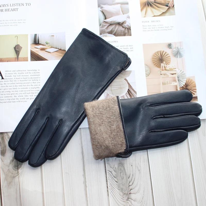 Ladies Sheepskin Gloves Classic Solid Color Versatile Leather Spring Knit Lining Cycling Driving Gloves Autumn
