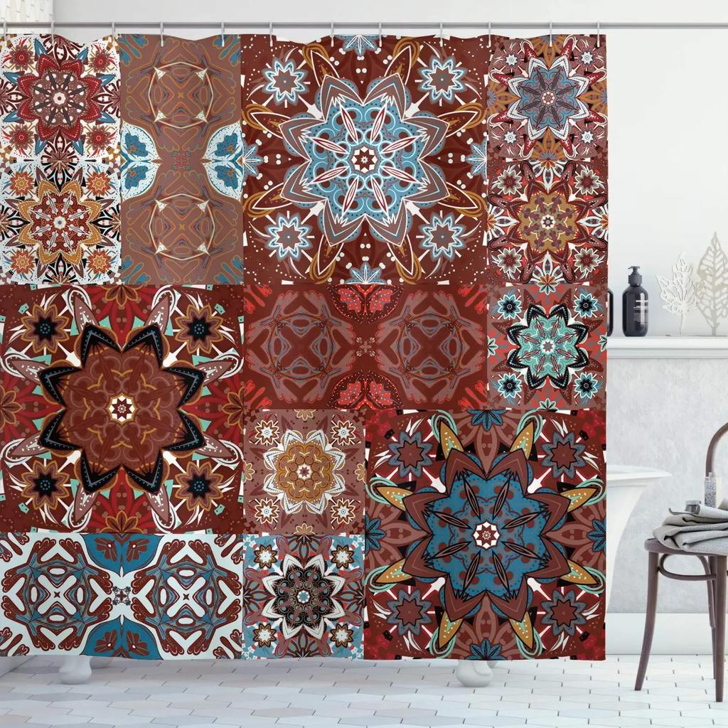 Mandala Boho Dusjforheng Fargerikt Blomstermønstret Baderomsforheng for Hjem Badekar Dekorasjon Vanntett Polyesterstoff med Kroker