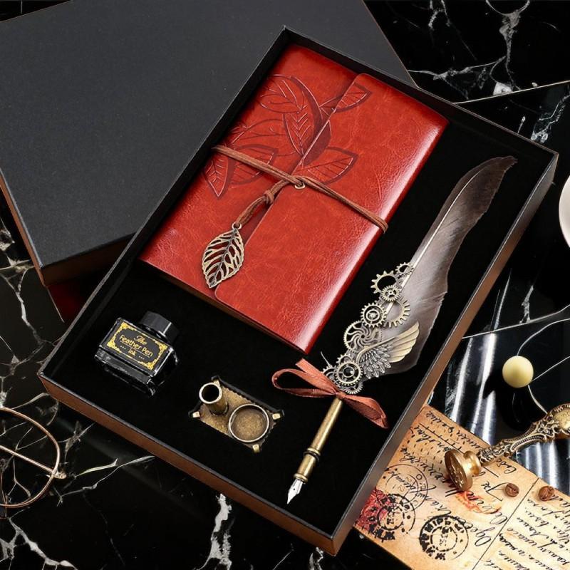 Vintage Feather Dip Pen Set With Notebook Creative Gift Students Teachers Business Use