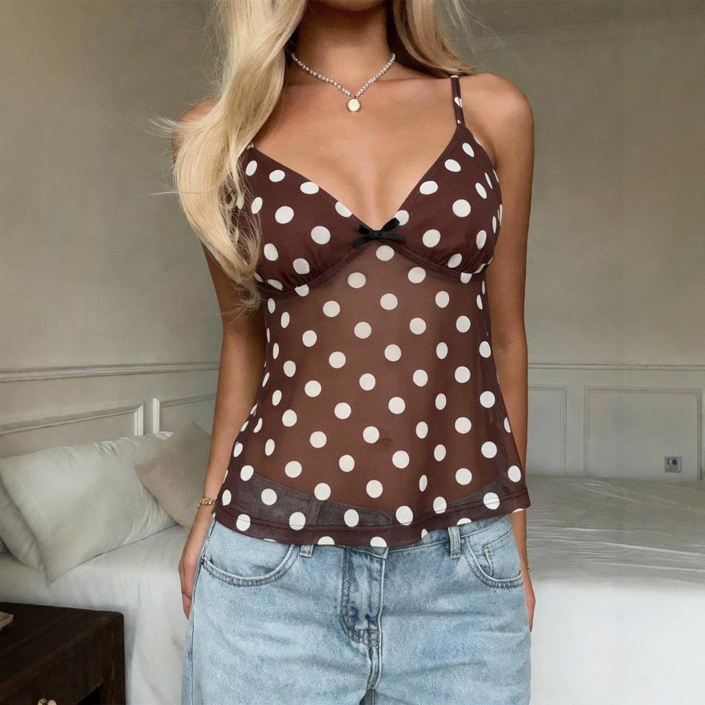 European and American Summer New Polka Dot Mesh Sling Vest Women's V-neck Waist Thin Spice Girl Short Top