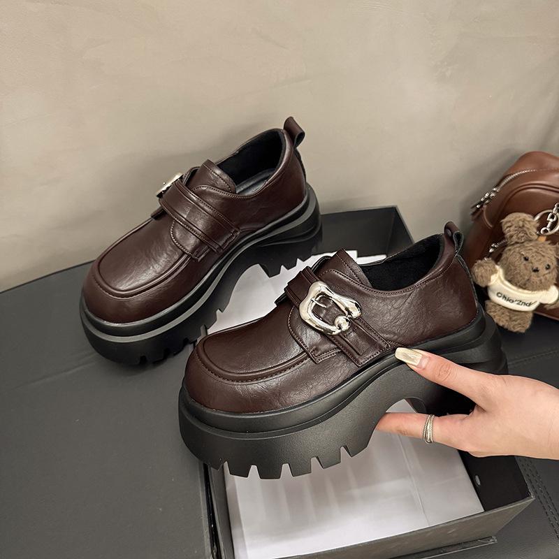 Platform small leather shoes women's British style autumn 2025 new French single shoes heightening lace-up muffin loafers