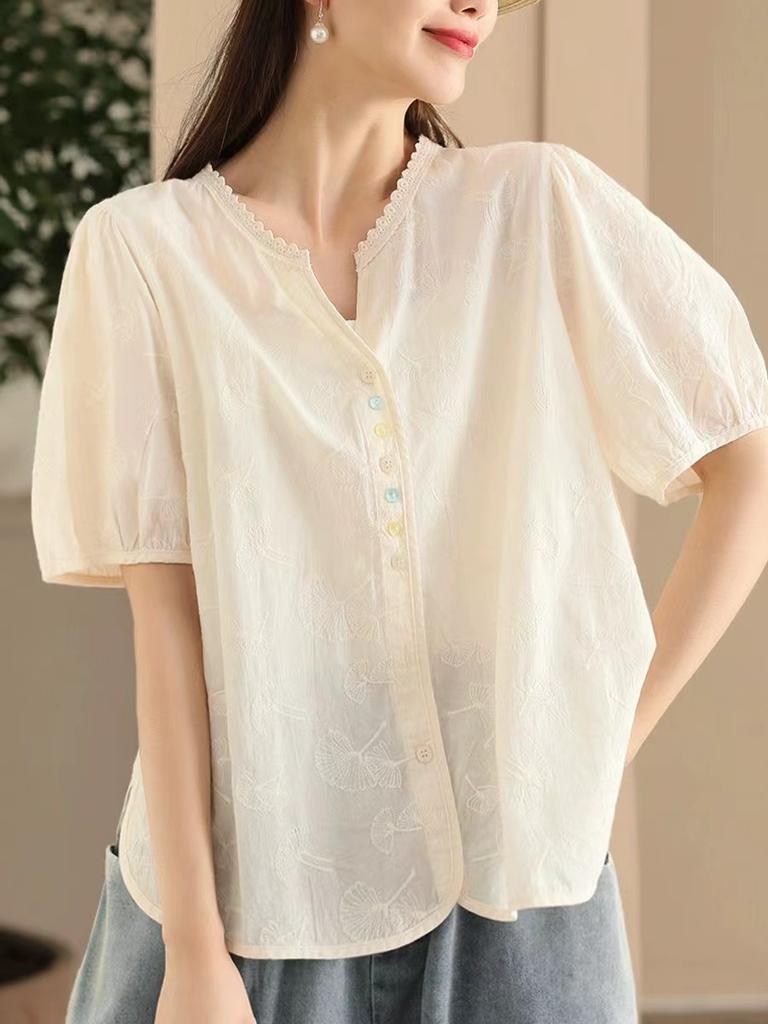 Johnature Woman Summer Fashion Embroidery Cotton Short Sleeves Shirt Chinese Style Vintage Solid Color Loose Shirt