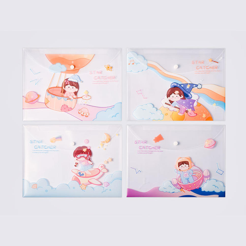 4pcs File Bags for Document Cute Cartoon File Holder Snap Button PVC Folder Pen Box Office Information Bag Student Stationery
