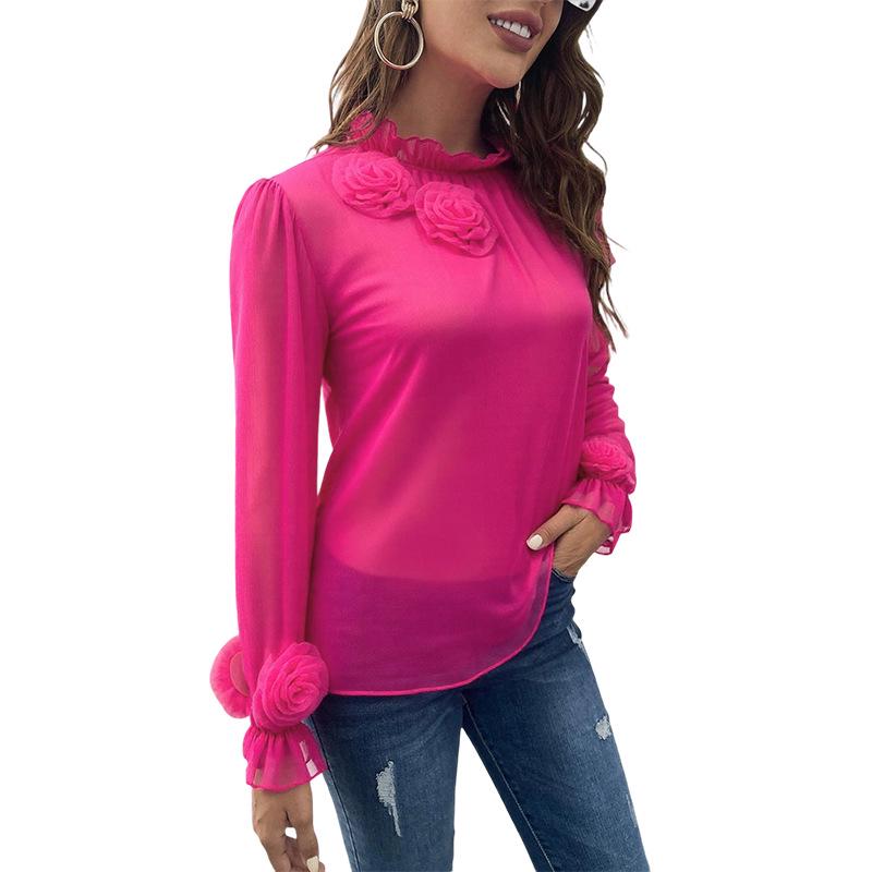 Versatile Women's Floral Chiffon Puff Sleeve Top - Long Sleeve French Style, Rose Solid Color, Age-Reducing Design
