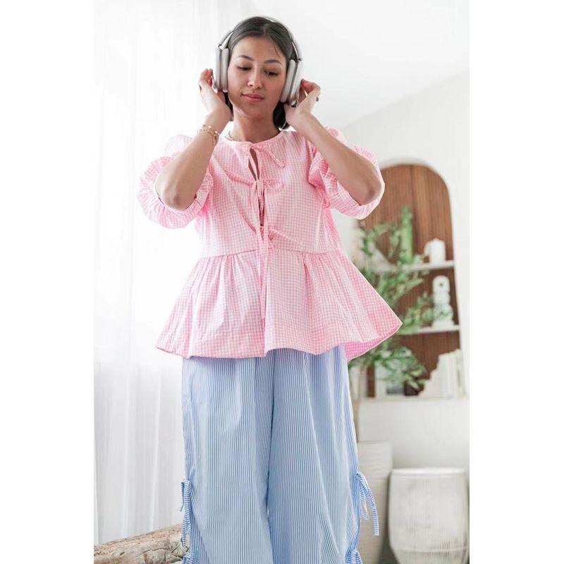 European and American Women clothes Top Fashion Stripe Patchwork Shirts Lazy Plaid Top Women