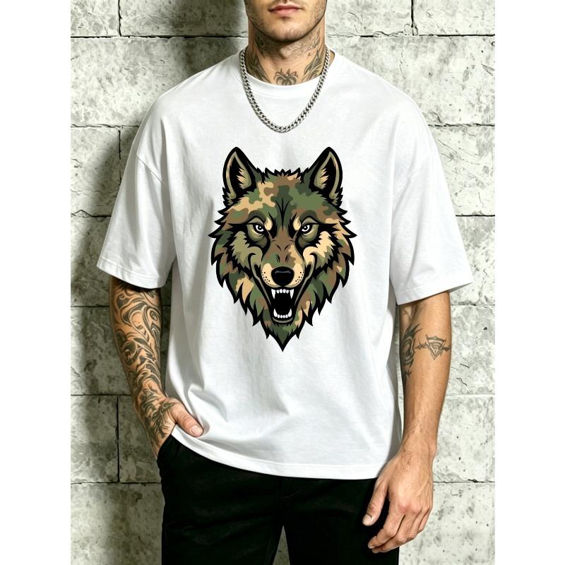 Wolf Head Camouflage Design Men's Crewneck T-Shirt Loose Fit Cotton Fashion Versatile Soft And Comfortable Fabric for Daily Wear for Autumn And Winter