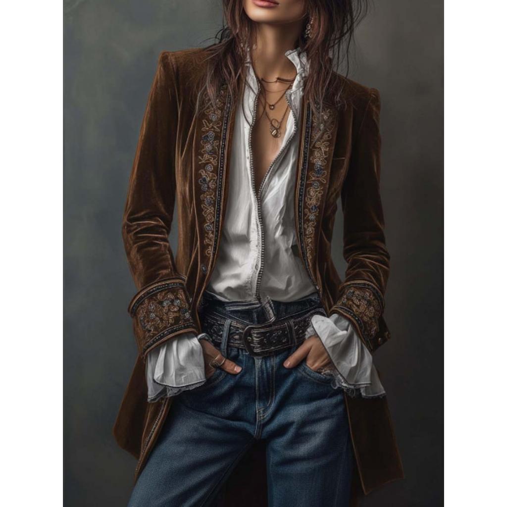 Women's European American Style Solid Color Patchwork Lace Velvet Long Sleeve Coat