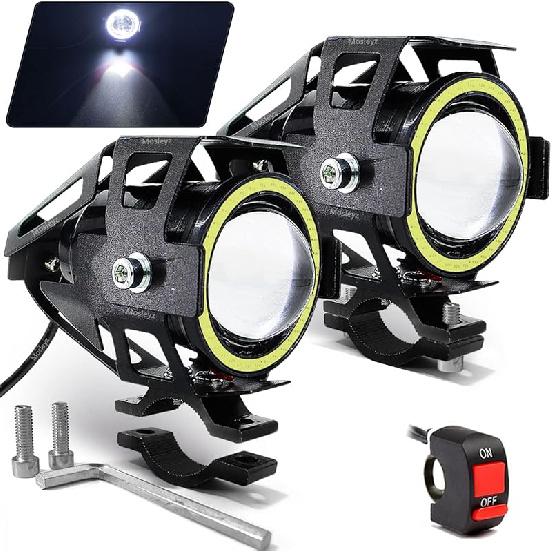 Motorcycle LED Fog Lights U7 Spotlight Daytime Running Lights With White Angel Eyes Halo Ring And Switch 2-Sets