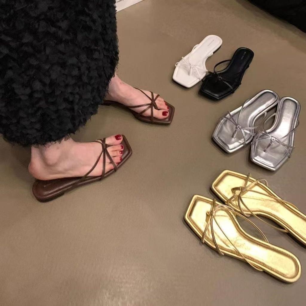 Korean Version of Cross-strap One-word Sandals Women's Head Fashion Versatile Slippers Open-toe Flats Trendy 2025 New Models