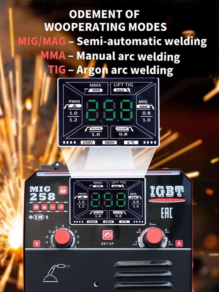 ARC MMA/Gas Mig/Gasless Mig/Lift Tig Multi-Process Inverter Welder Semi-Automatic 258A Welding Machine 1/5 Kg Wire Tools