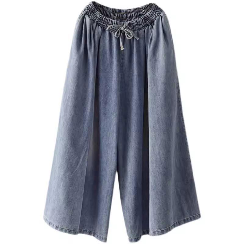 

Кюлоты из денима широкого кроя на шнуровке: Ретро, Вываренные, Стройнящие, Повседневные брюки для женщин 2XL синий/джинсовый