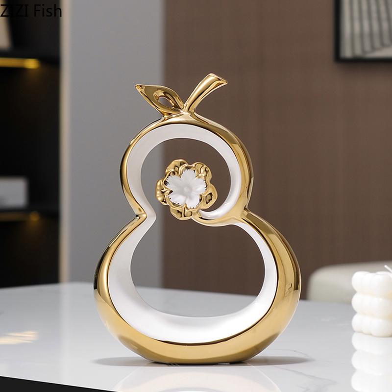 Gold-plated Hollow Gourd Artwork Ornaments Desk Decoration Golden Gourd Ceramic Modern Crafts Sculpture Room Aesthetic Decor