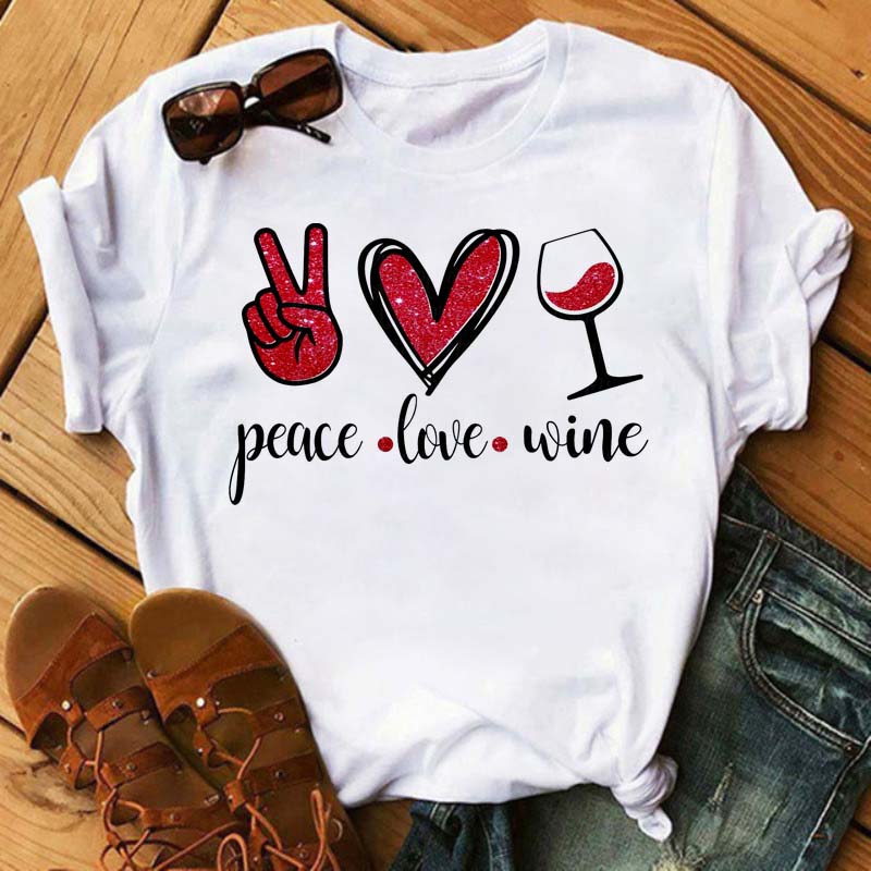New Women T-Shirt Casual Short Sleeve T Shirt Women's Fashion Rose Red Wine Glass Printed Black T-Shirt Female Tops Tees