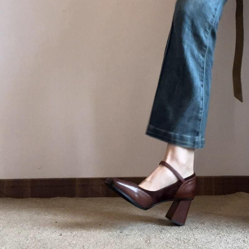 Shoes for Women Brown Square Toe Leather Casual High Heels Woman Pumps Fashion Spring Vacation 2025 Trend Korean Style Footwear