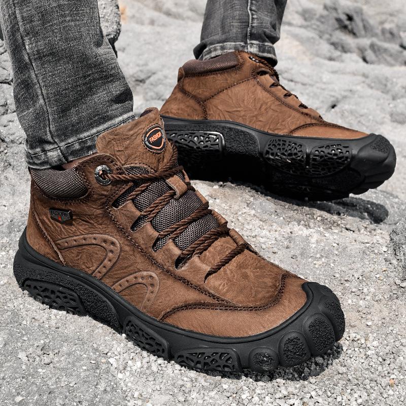 Fashion Outdoor Men's Boots Brown Leather Casual Shoes Waterproof Hiking Shoes Warm Winter Boots for Men High Top Platform Snow Boots