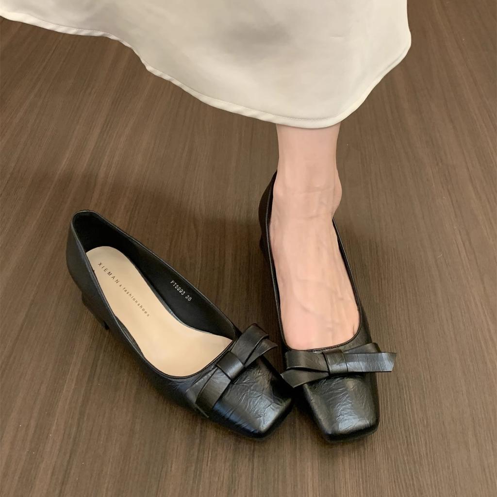 Burgundy High Heels 2025 Autumn French New Women's Shoes Square Head Bow Light Mouth Thick Heel Single Shoes