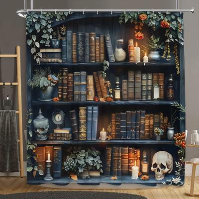 Cortina de Chuveiro Biblioteca Vintage Estante de Livros Livro Antigo Crânio Halloween Velas Floral Planta Casa Tecido Poliéster Conjunto Decoração Banheiro
