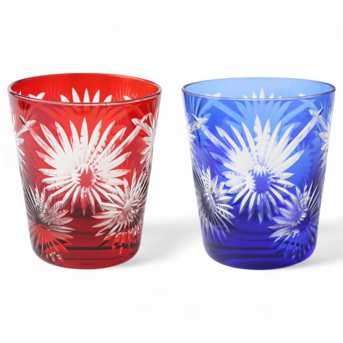 

Mizukage Kiriko Pair Glass Cups 280cc Flower Pattern Red Blue Bishou Current Model J-kitchens 80xH90mm &