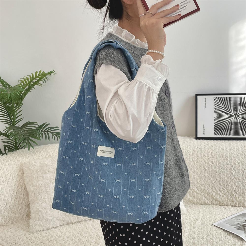 

Casual Bow Denim Large Capacity Women Shoulder Bags Portable Female Student Book Vest Bag Tote Simple Versatile Ladies Handbags темно-синього кольору