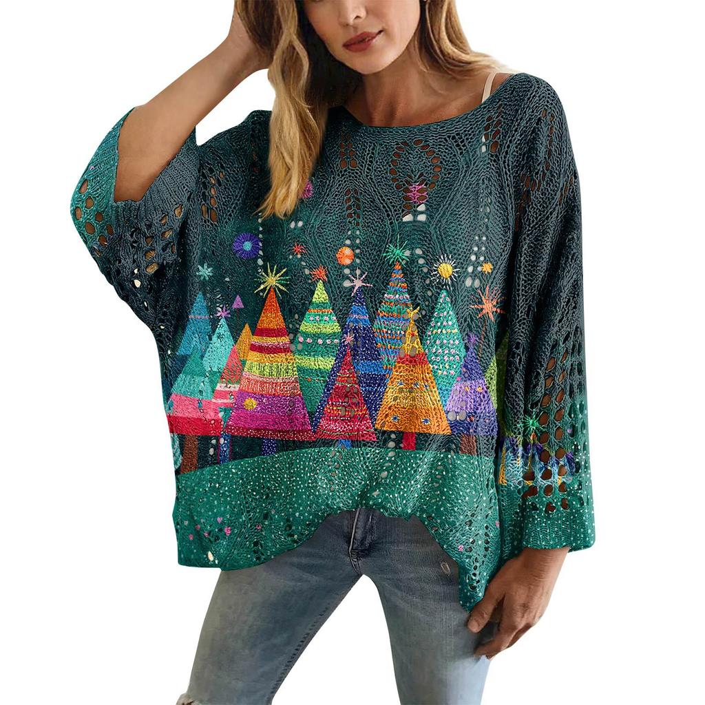XY-LK01-Pullover hollow blouse 3D printed sweater spring and summer new