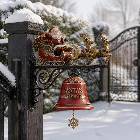 Festive Courtyard Balcony Accents Christmas Bell Wall Hanging Decoration, Santa Sleigh Reindeer Ornament, Large Decorative Indoor Mounted Ornaments