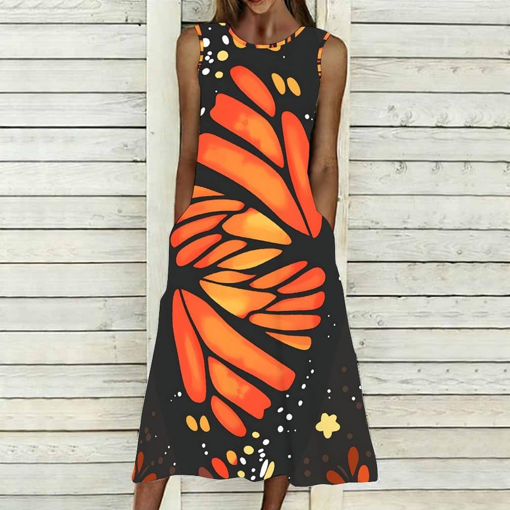Women Plus Size Sleeveless Round Neck Dress Luxe Large Blossom Printed Flowy Calf Length Gown