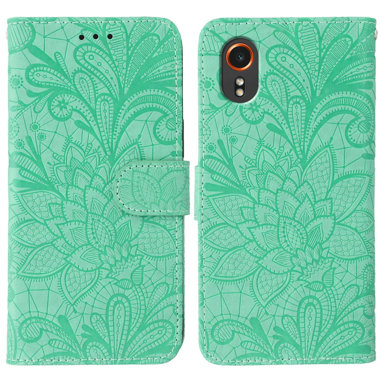 

For Samsung Galaxy Xcover7 Case Lace Flowers PU Leather Flip Wallet Phone Cover Green