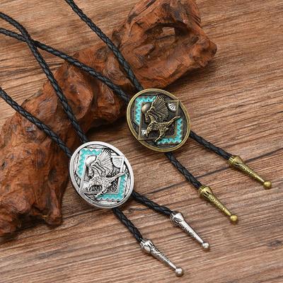 Men's Eagle Pendant Necklace with PU Leather Cord and Denim Bolo Tie