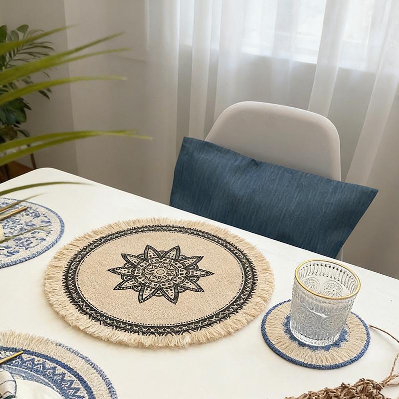 Boho Mandala Round Placemats Heat-Resistant Linen-Cotton Table Mats Washable Non-Slip Dining Decor