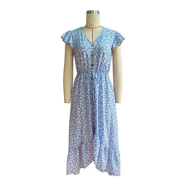 Floral Print High Waist V Neck Dress with Irregular Flying Sleeve for Women